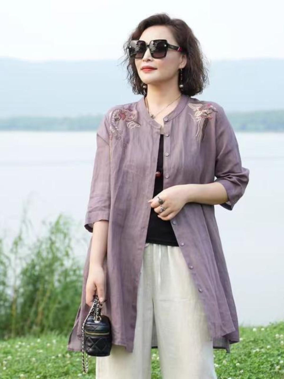 Embroidery Cardigan - Ретро-рубашка из хлопково-льняной ткани с вышивкой,