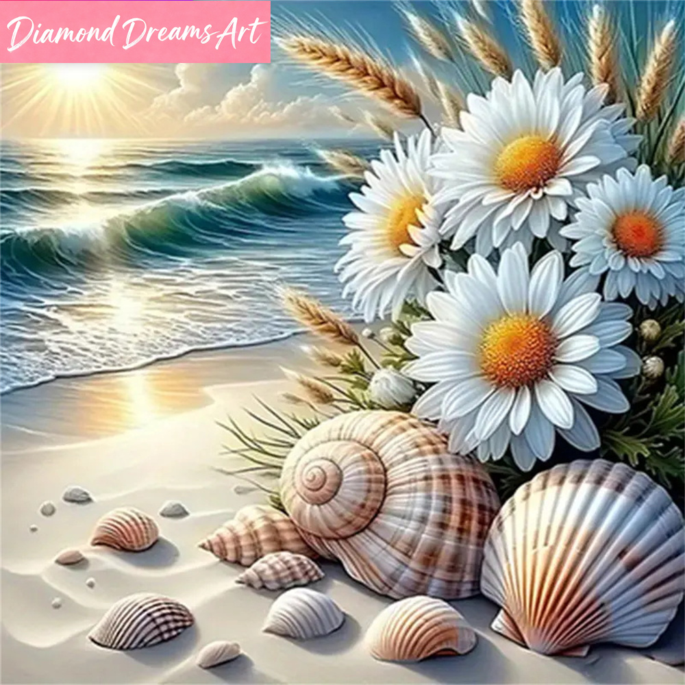 Embroidery Daisy Flower - Алмазная мозаика: Пейзаж у моря, цветы