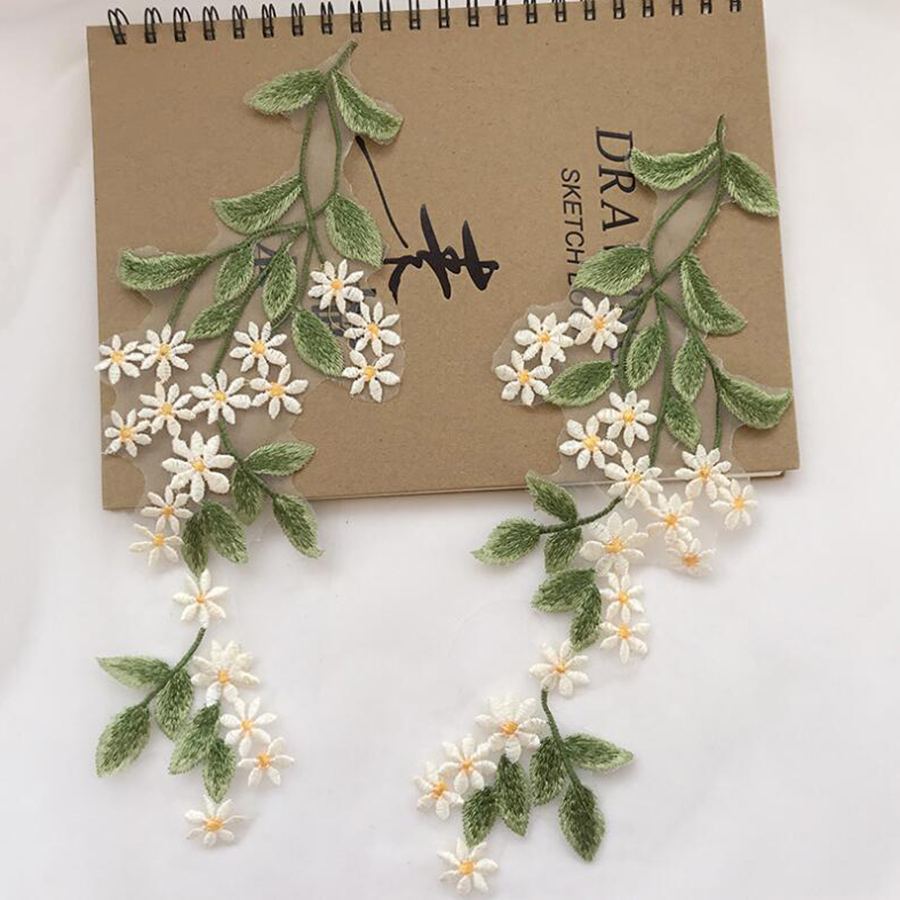 Embroidery Daisy Flower - 1 пара зеленых листьев, цветов ромашки,