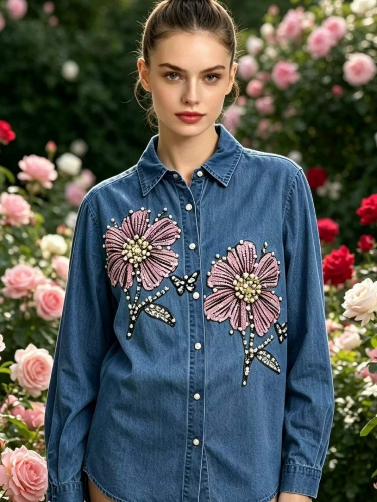Embroidery Cotton Shirt - Женские джинсовые блузки с вышивкой, весенне-осенние,